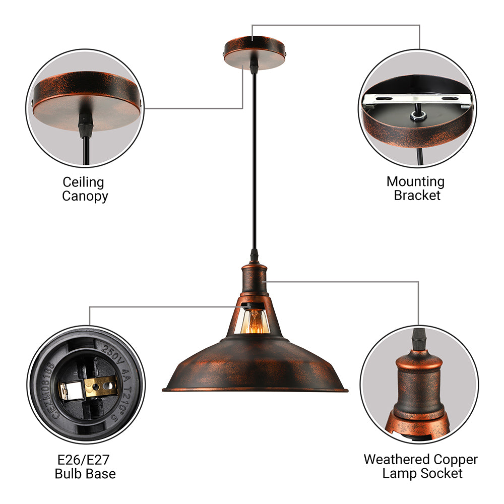 Rustic Metal Pendant Light Fixture With Adjustable Cord - Barn Shade 1 Bulb Various Widths