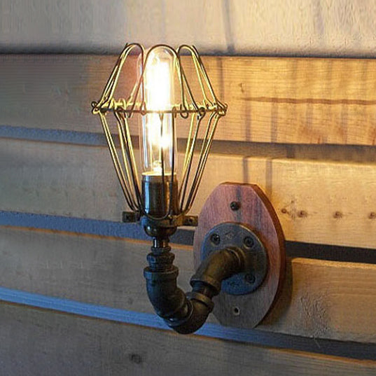Rustic Wire Frame Wall Lighting With Stylish Pipe Design - 1 Light Wrought Iron Sconce In Black