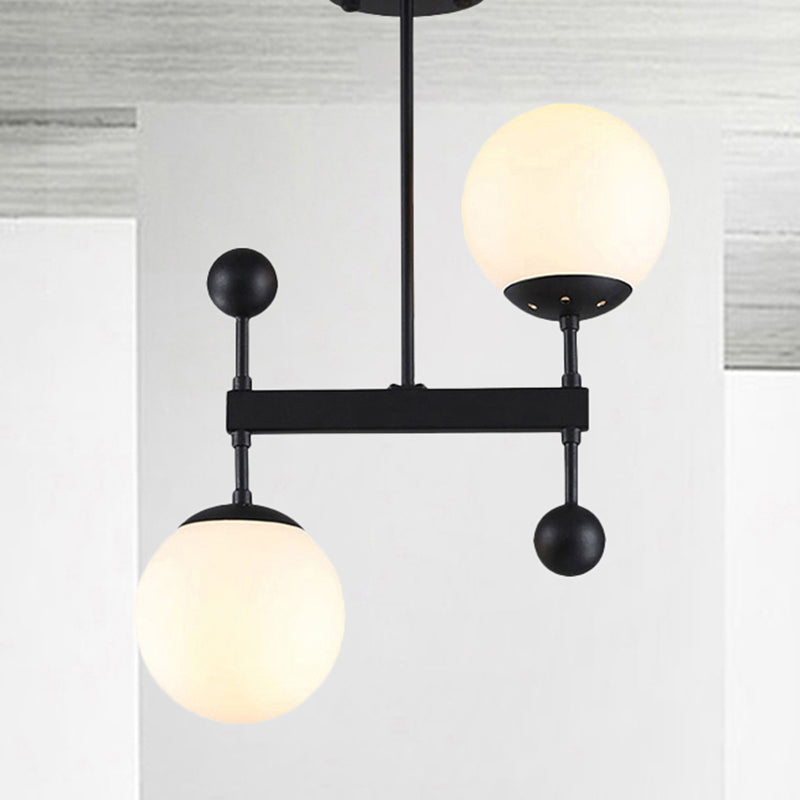 Modern Black/Gold Round Chandelier - 2-Light Led Ceiling Lamp With Milky Glass Black