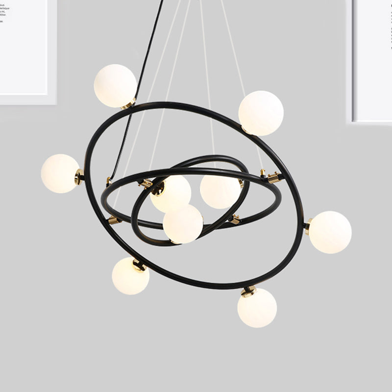 Contemporary Black Round Suspension Chandelier With Opal Glass Shade - 15 Lights 9 /