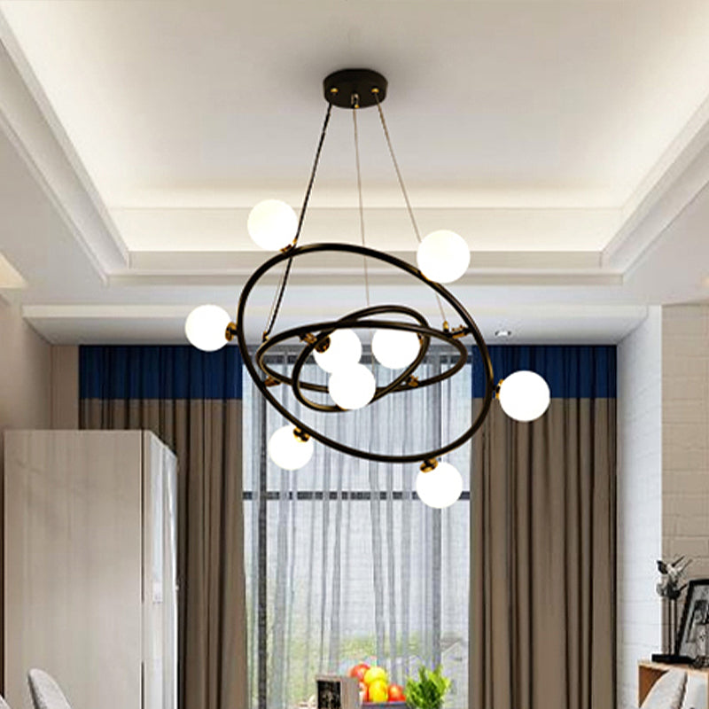 Contemporary Black Round Suspension Chandelier With Opal Glass Shade - 15 Lights