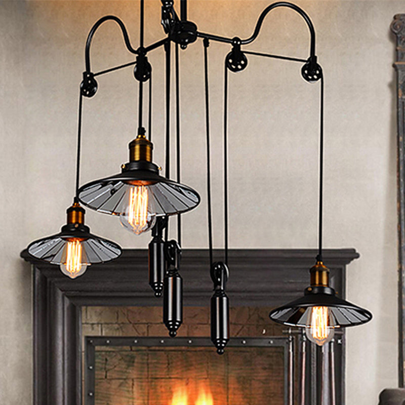Industrial Black Pendant Light with 3 Metal Heads, Pulley and Cord - Perfect for Living Room