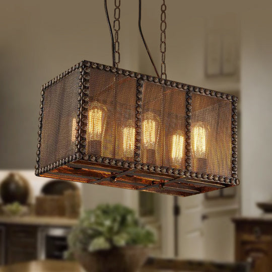 Antique Style Rectangle Cage Metal Chandelier: Rustic 6-Light Ceiling Fixture with Mesh Screen and Rivets