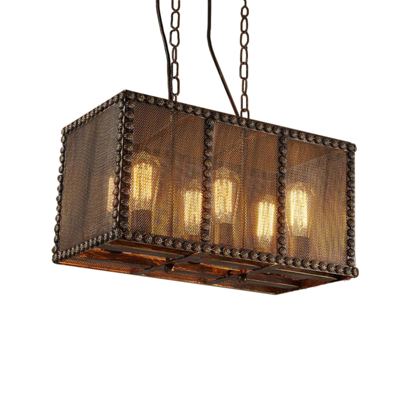 Antique Style 6-Light Rust Rectangle Chandelier With Mesh Screen And Rivets - Indoor Ceiling Fixture