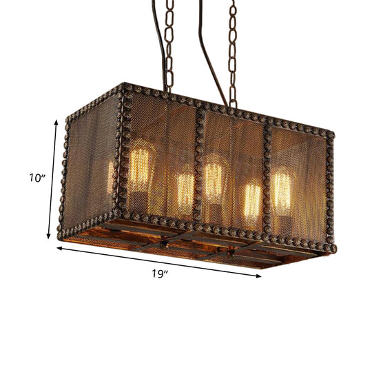 Antique Style Rectangle Cage Metal Chandelier: Rustic 6-Light Ceiling Fixture with Mesh Screen and Rivets
