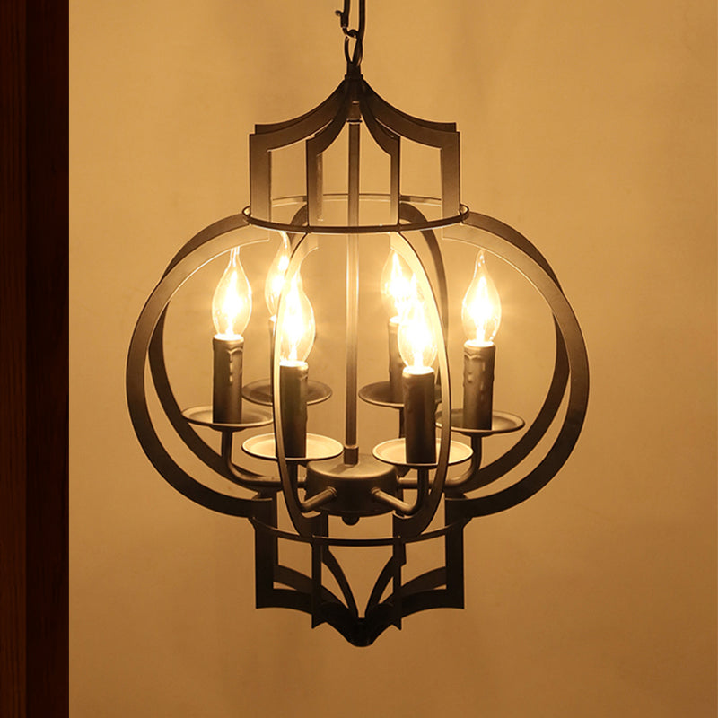 Vintage Style Wrought Iron Chandelier Light With Lantern Cage Shade - 4/6 Bulbs Medium Size Black