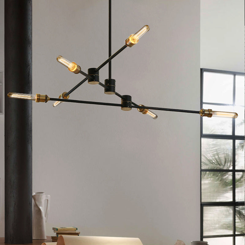 Industrial Style Linear Chandelier Light - 6-Light Metallic Ceiling Fixture in Black for Living Room