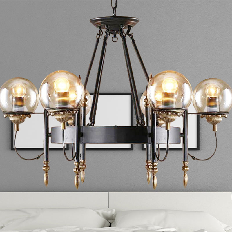 Industrial 6-Light Clear Glass Globe Chandelier with Clock Detail - Modern Pendant Light for Living Room