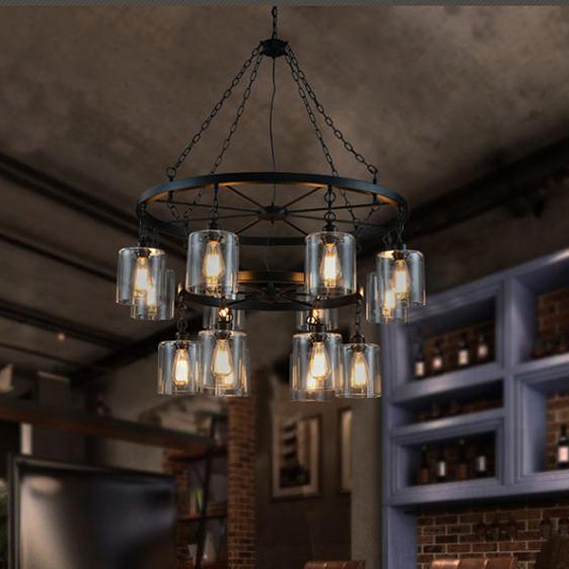 Industrial Pendant Chandelier: 2-Tier Wheel Multi-Light Lamp with Clear Glass, Black Finish, and Cylinder Shade