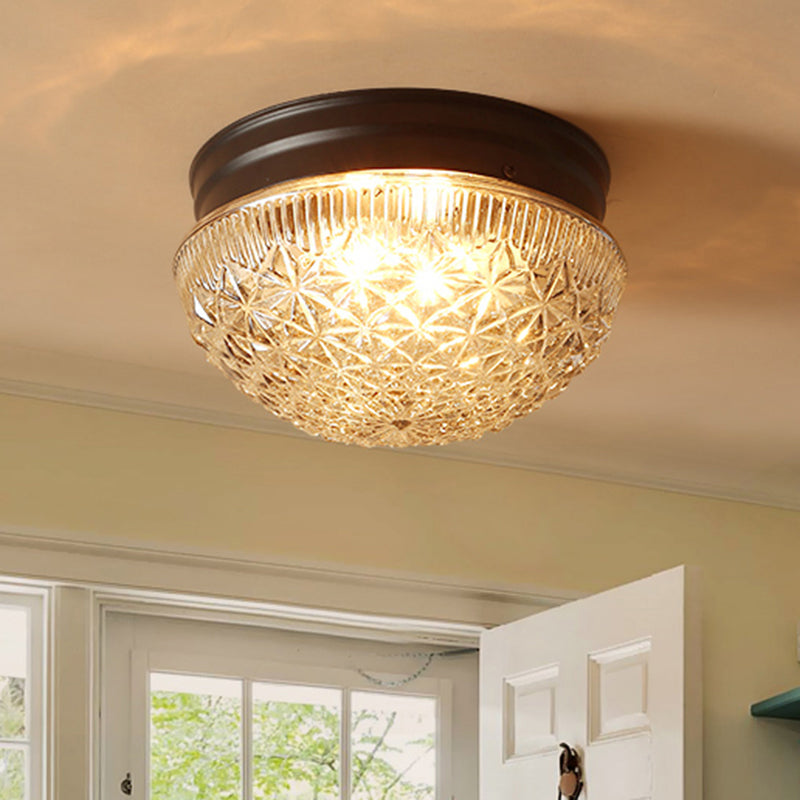 Matte Black Industrial Flushmount Ceiling Light With Clear Textured Glass Dome - 2 Bulb Flush