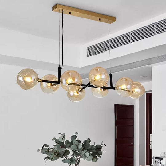 Postmodern Island Lighting: Amber Ball Pendant Lamp With Adjustable Cord - 8 Lights Glass