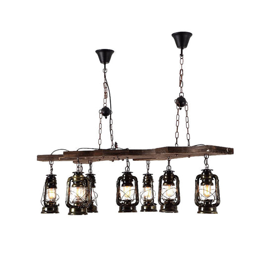 Vintage Industrial 8-Light Linear Chandelier With Lantern Shade In Antique Brass