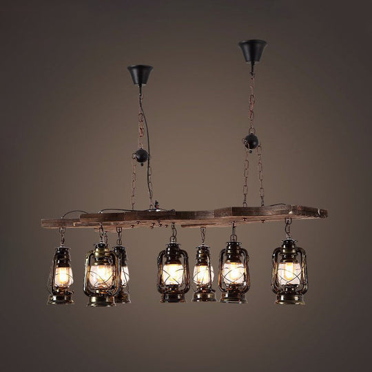 Vintage Industrial 8-Light Linear Chandelier With Lantern Shade In Antique Brass
