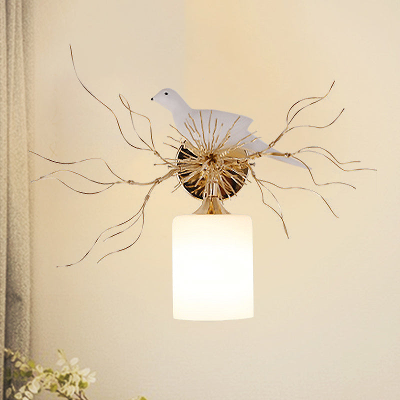 1-Head White Glass Wall Lamp For Bedroom - Loft Cylinder Lighting With Bird Accent