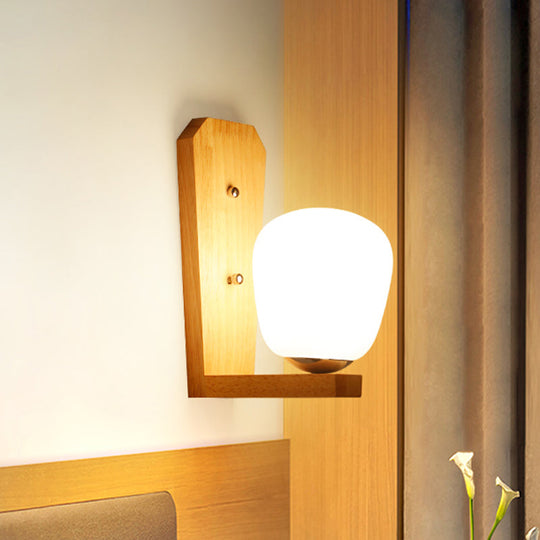 Nordic Style Milk Glass Mini Wall Light For Bedroom Wood Mount Indoor Lighting - 1