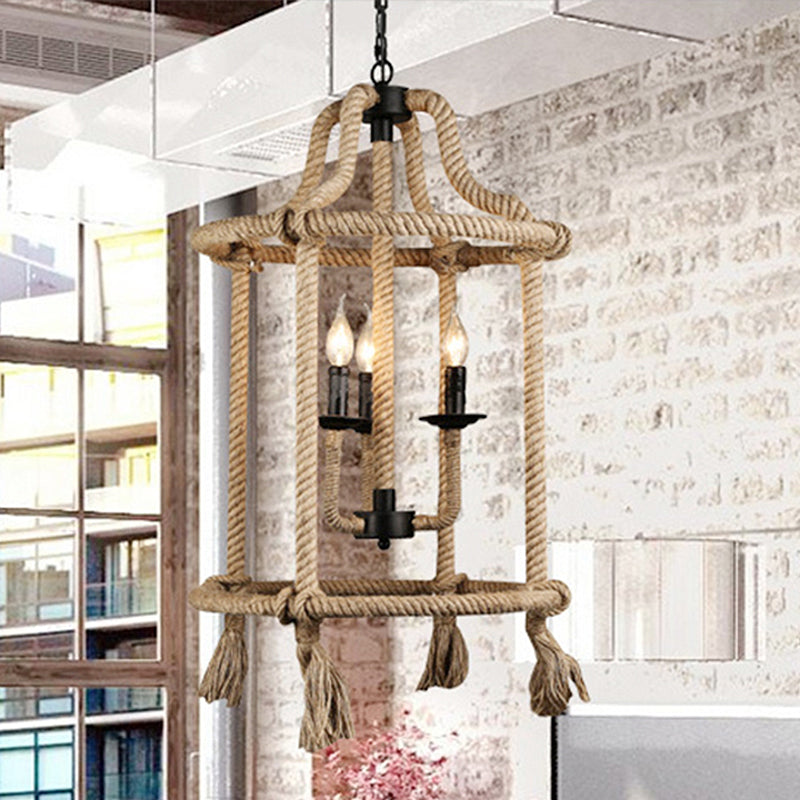 Brown Geometric Ceiling Light With Retro Style Cage Shade - Hemp Rope 3 Lights Dining Room