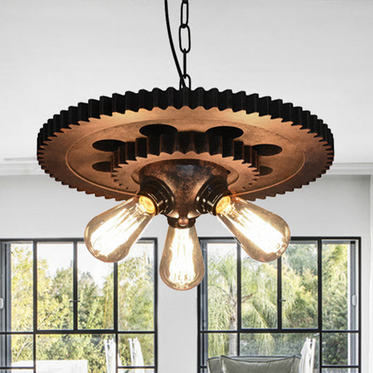 Industrial 3-Head Rust Pendant Light With Exposed Bulbs And Gear Decoration For Restaurants