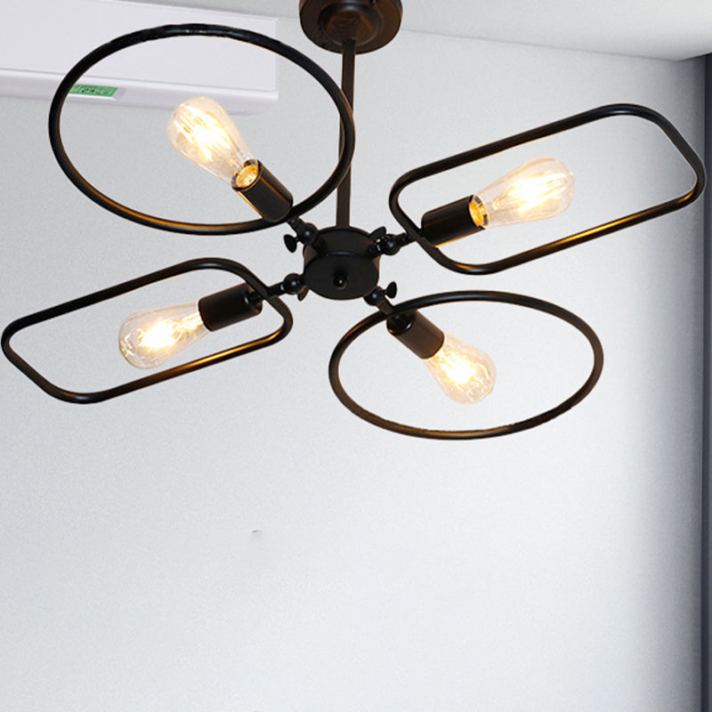 Retro Metal Geometric Chandelier Pendant Light With 4 Lights - Indoor Hanging Fixture In Black