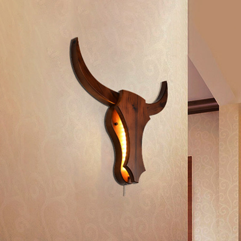 Industrial Wooden Bull Sconce Light For Dining Room - 16/19.5 W Brown Finish