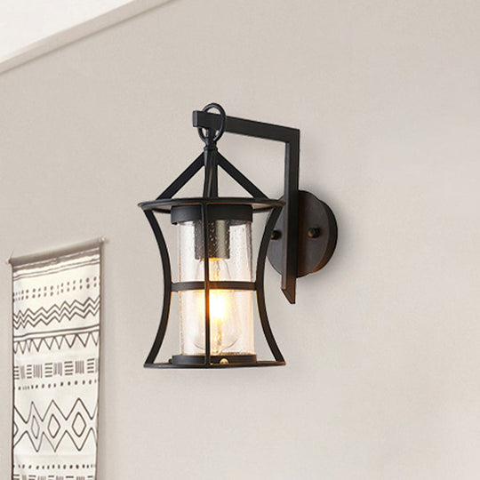 Black Industrial Sconce Light With Clear Glass Cylinder And Rectangle/Round Backplate