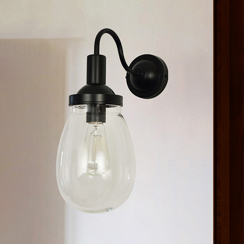 Farmhouse Style Gooseneck Clear Glass Wall Sconce In Black - Single Bulb Bedroom Lamp