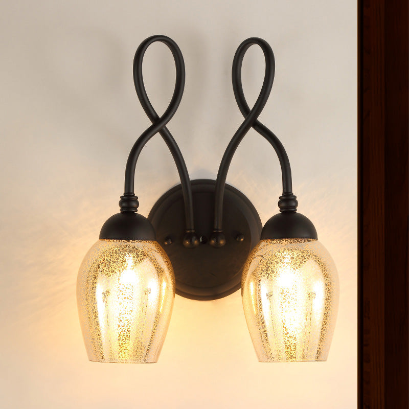 Curved Arm Mercury Glass Wall Sconce - Industrial Bedroom Light Fixture In Black