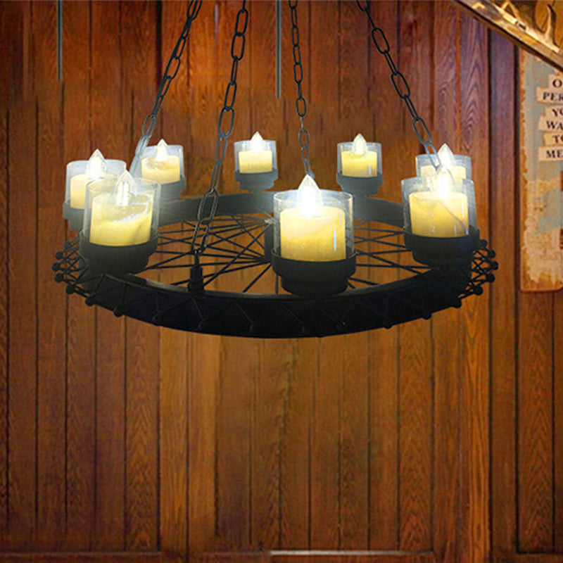 Vintage Candle Ceiling Light Fixture: Black Iron Chandelier with Cylinder Shade & Wheel Design - Ideal for Restaurant Lighting (8-Light)