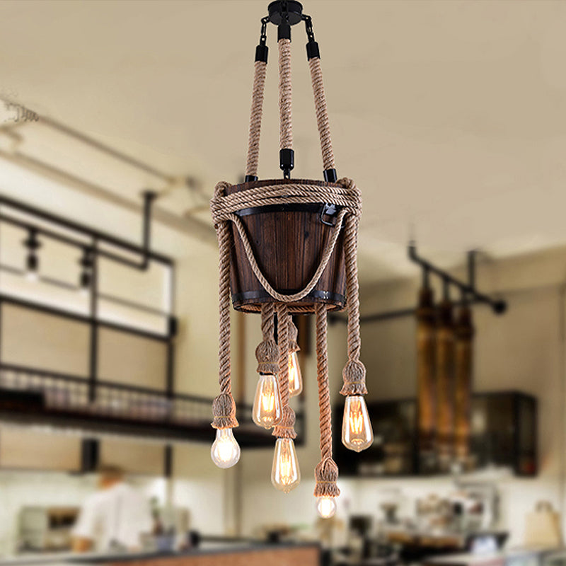 Vintage Six-light Wooden Chandeliers with Hemp Rope - Perfect for Balcony!