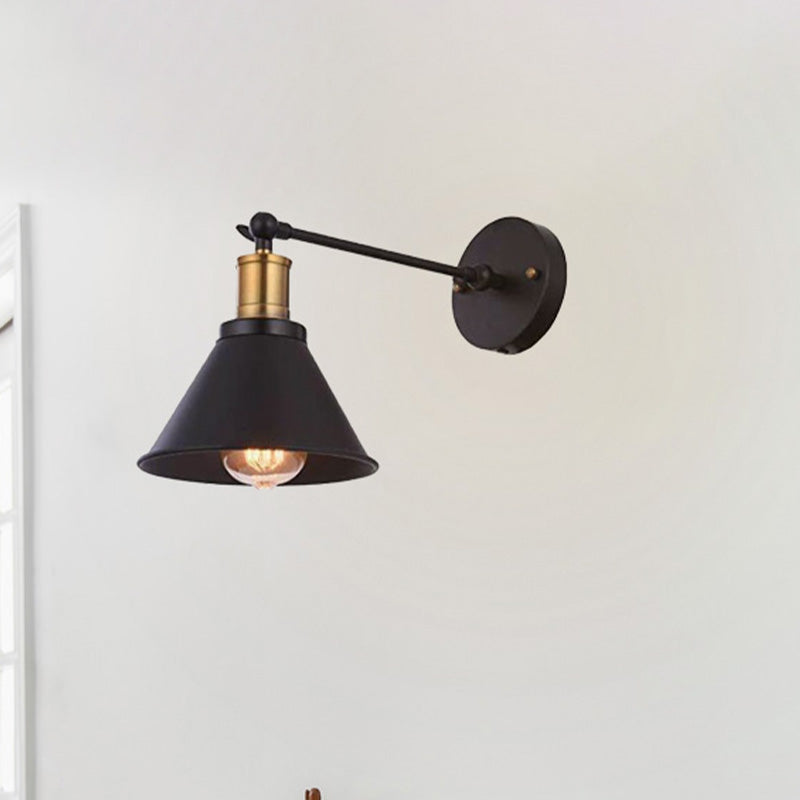 Industrial Metal Cone Wall Sconce Light Fixture For Bedroom - Black 1-Light