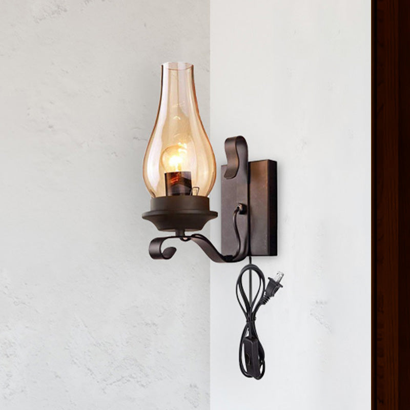 Vintage Industrial Black Cognac Glass Candle Wall Sconce With Plug-In Cord
