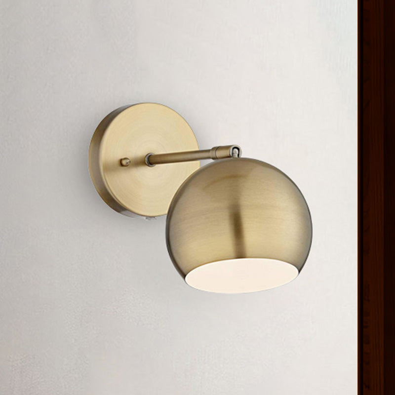 One Bulb Metal Industrial Wall Light With Round Shade In Brass - Ideal For Living Room Sconce