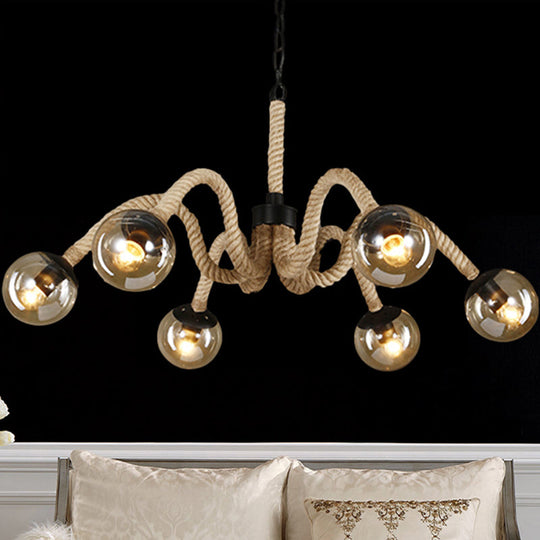 Industrial Beige Rope Chandelier With Tan Glass Shades - 6 Head Ceiling Light For Bars