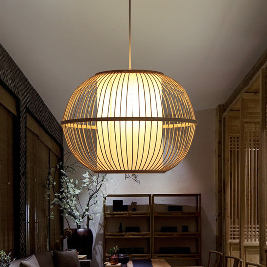 Handmade Asian Style Bamboo Hanging Light Fixture - 12/14 Width 1-Light Beige Suspended Lamp With
