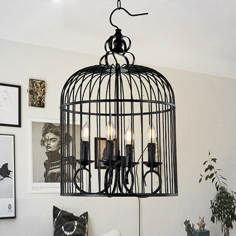 Farmhouse Birdcage Design Hanging Chandelier Lamp - 4-Head Metallic Fixture with Candle in Elegant Black