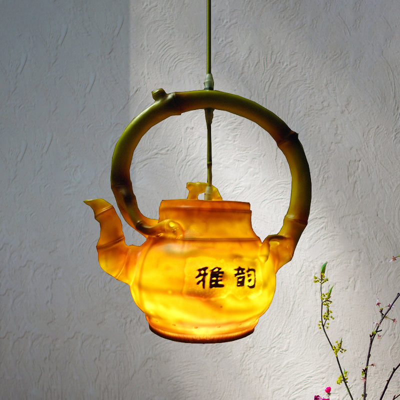 Lodge Style Resin Teapot Hanging Light: Single Pendant For Living Room