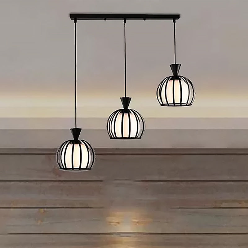 Retro Metal Dome Cage Pendant Light with Milk Glass Shade - 3 Bulb Indoor Hanging Fixture in Black/White