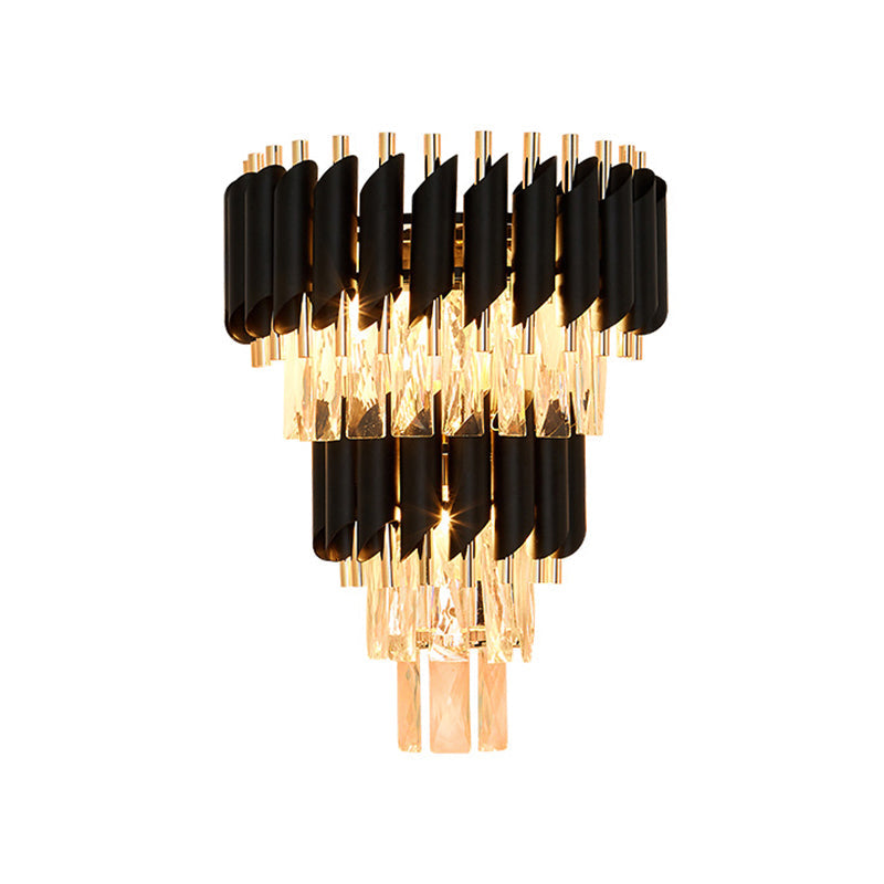 Contemporary Black Crystal Wall Sconce With Tiered Tapered Design - 3 Bulb Flush Mount Light Fixture