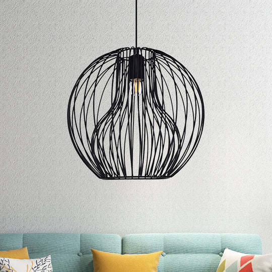 Retro Style Metal Hanging Lamp - Black/White Pendant Light For Dining Room With Cage Shade