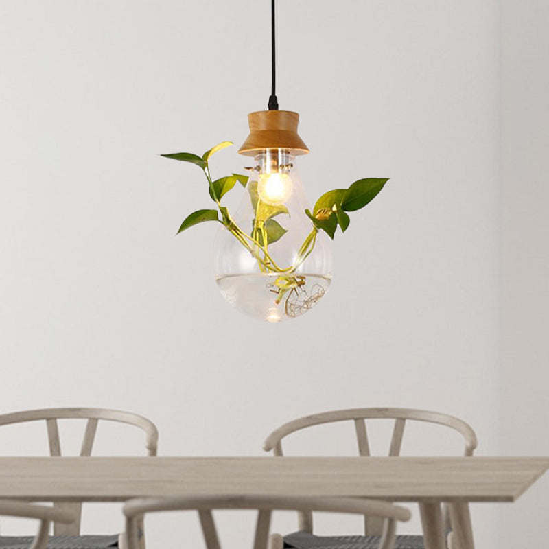 Industrial Clear Glass Dining Room Pendant Light Kit With Exposed Bulb And Wood Cap
