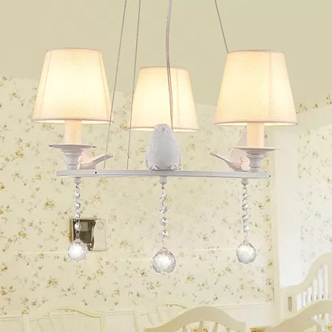 Metal Chandelier With Crystal Accents - Elegant White Bucket Shade Hanging Lamp For Living Room