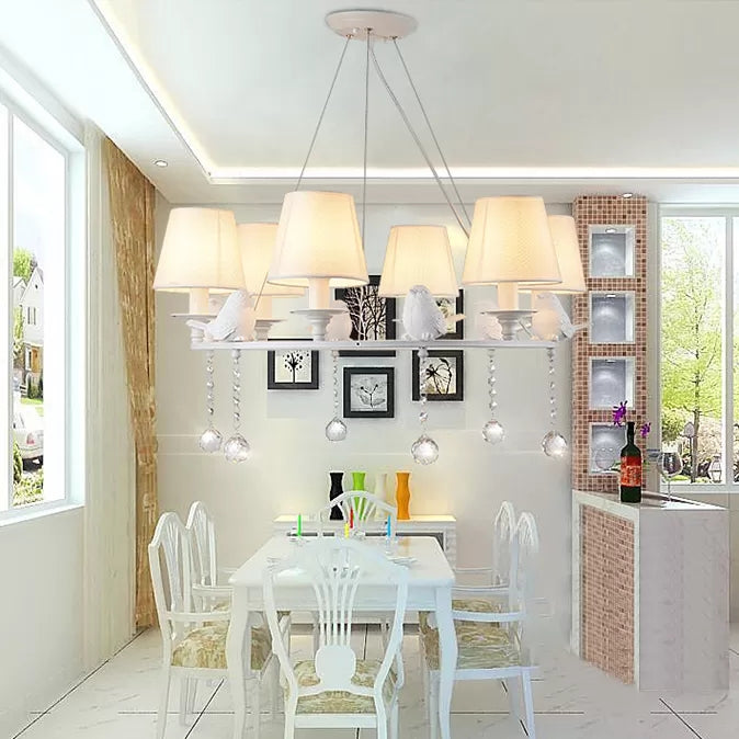 Metal Chandelier With Crystal Accents - Elegant White Bucket Shade Hanging Lamp For Living Room
