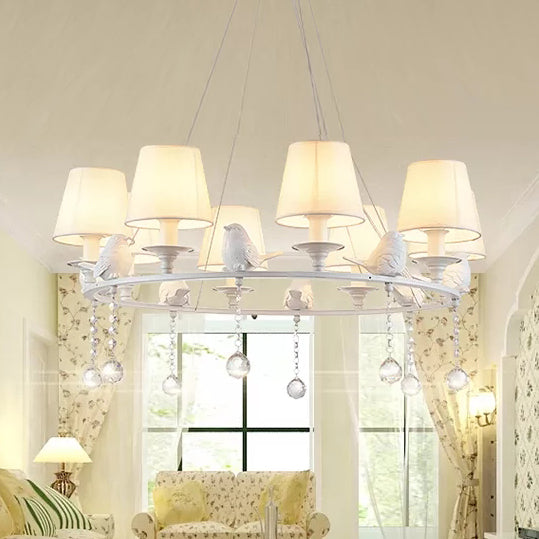 Metal Chandelier With Crystal Accents - Elegant White Bucket Shade Hanging Lamp For Living Room