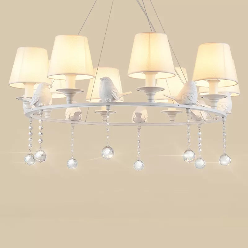 Metal Chandelier With Crystal Accents - Elegant White Bucket Shade Hanging Lamp For Living Room