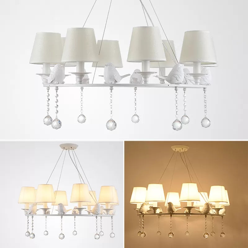 Metal Chandelier With Crystal Accents - Elegant White Bucket Shade Hanging Lamp For Living Room