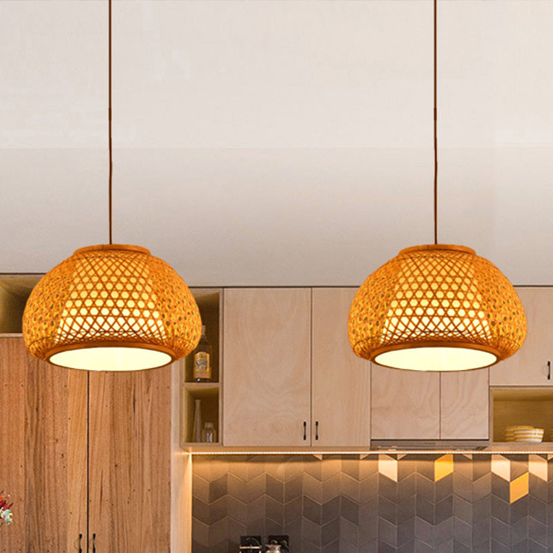 Bamboo Lantern Pendant Light With Hand-Knitted Design For Asian Restaurants - Paper Interior Shade
