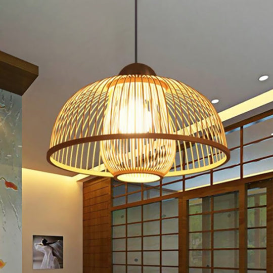 Asian Bamboo Ceiling Drop Light With Single Head Dome Shade - Perfect For Dining Table