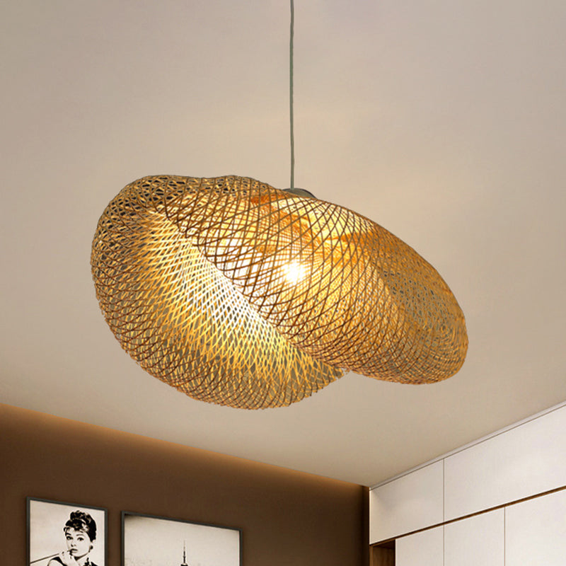 Rattan Hanging Pendant Lamp - Asian Style Hat Shape 1-Light Ceiling Fixture For Dining Table