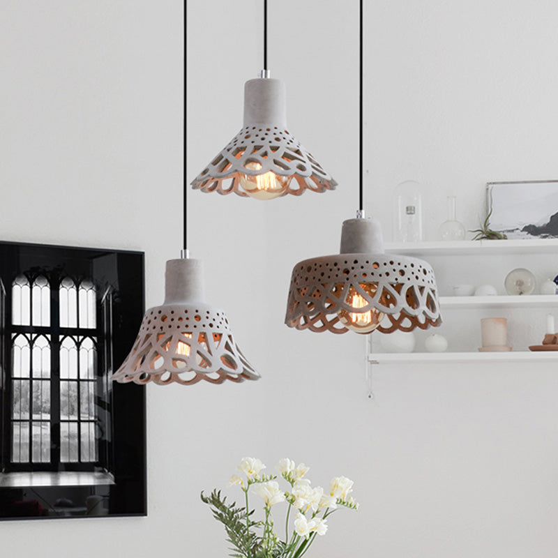 Nordic Style Etched Pendant Lighting: Concrete 1-Light Grey/White/Yellow with Geometric/Bell/Flared Shade