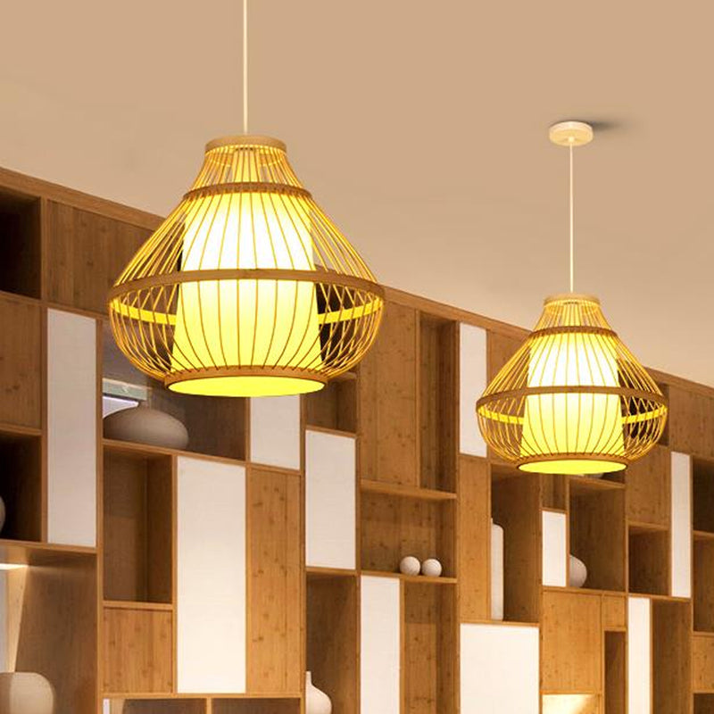Lodge Style Bamboo Pendant Lamp - 16/18 Curved Hanging Light Fixture For Dining Room 1 Beige