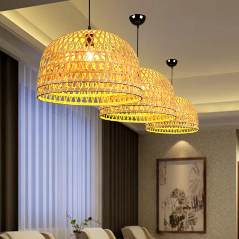 Modern Style Bamboo Pendant Lamp With Brown Wood Dome Shade - 13/21 Dia Ideal For Restaurants